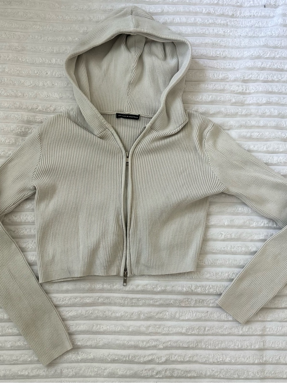 Brandy Melville Ribbed Dual-Zip Hoodie - Light Cream
